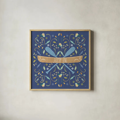 Otomi Lake III Dark by Veronique Charron. Shown in a natural wood glass frame for a timeless modern aesthetic. Available as an archival giclee rolled canvas, fine art paper, or poster print. SKU 46450a.