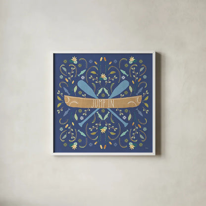 Otomi Lake III Dark by Veronique Charron. Shown in a crisp white glass frame for a clean and minimalist style. Available as an archival giclee rolled canvas, fine art paper, or poster print. SKU 46450a.