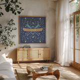 Otomi Lake III Dark by Veronique Charron. Shown in a natural wood frame in a cozy modern living room. Available as an archival giclee rolled canvas, fine art paper, or poster print. SKU 46450a.