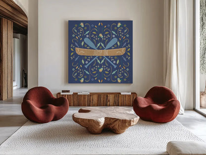 Otomi Lake III Dark by Veronique Charron. Shown as extra-large giant wall art in a modern living room. Available as an archival giclee rolled canvas, fine art paper, or poster print. SKU 46450a.