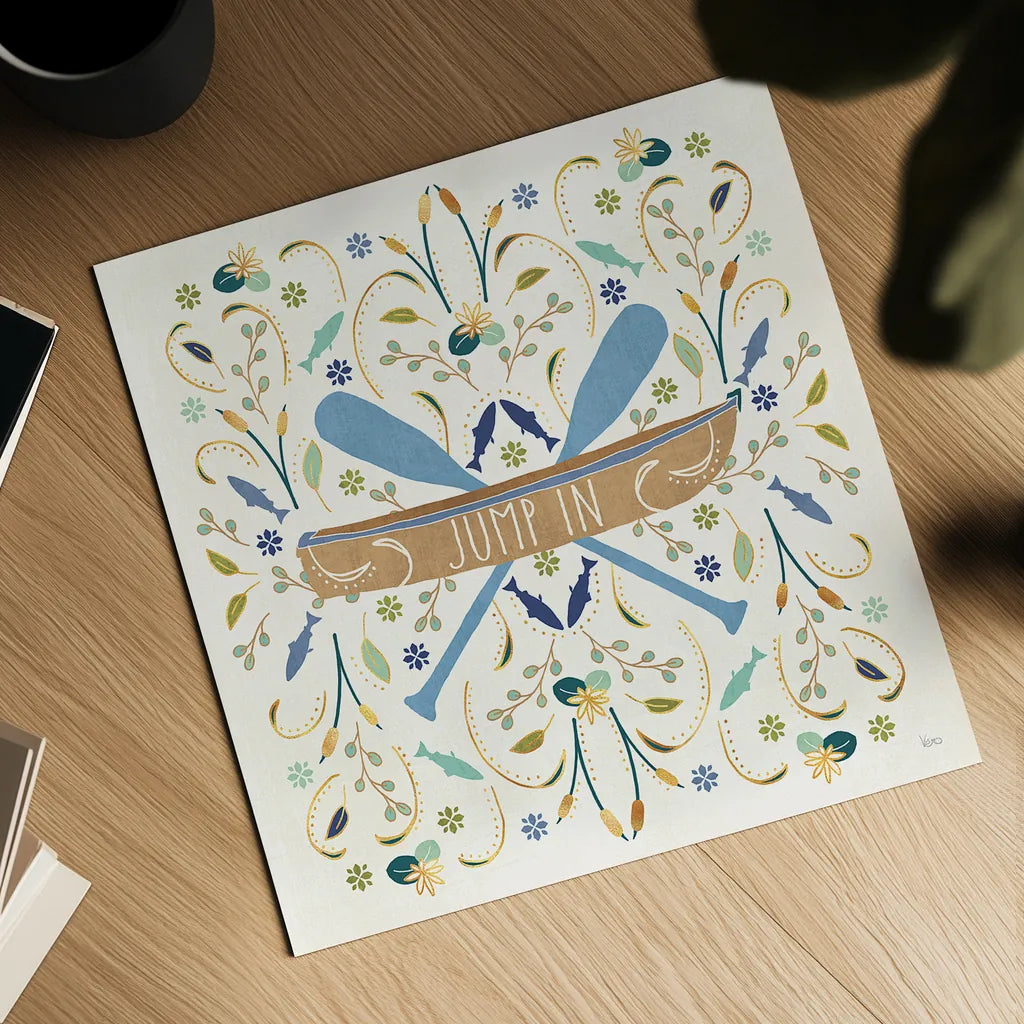 Otomi Lake III Rowboat by Veronique Charron. Shown as a detailed flat fine art print, highlighting archival giclee quality. Available as an archival giclee rolled canvas, fine art paper, or poster print. SKU 48361a.
