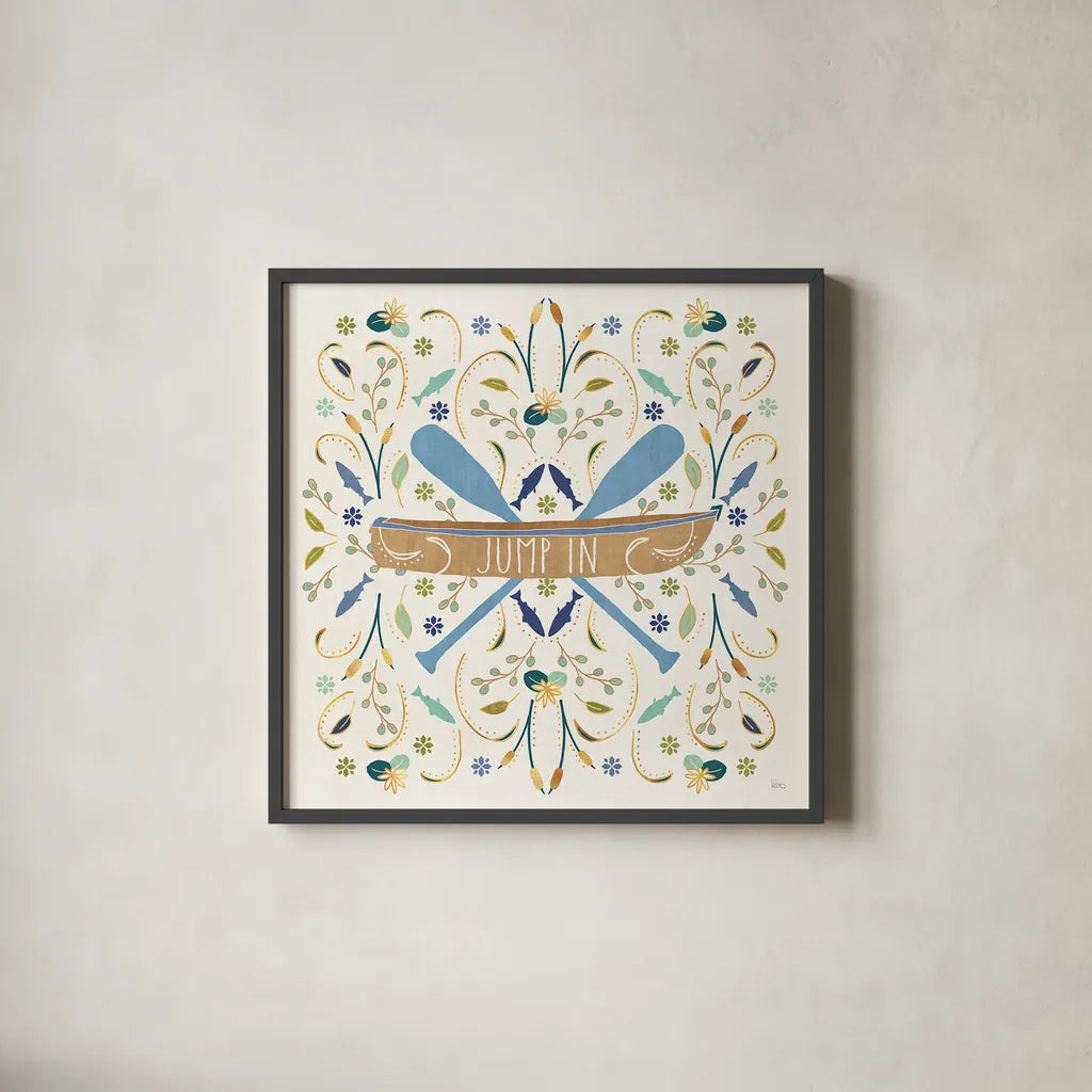 Otomi Lake III Rowboat by Veronique Charron. Shown in a sleek black glass frame for a contemporary gallery look. Available as an archival giclee rolled canvas, fine art paper, or poster print. SKU 48361a.