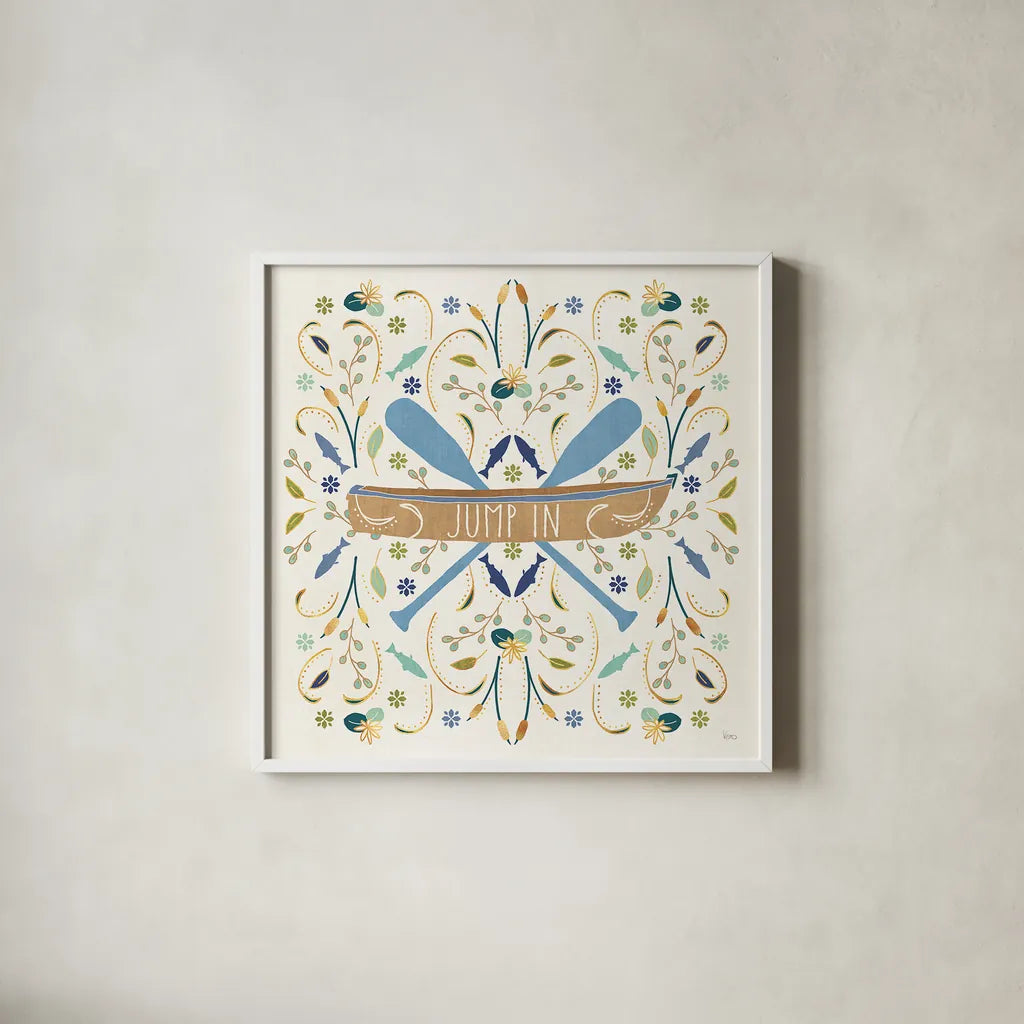 Otomi Lake III Rowboat by Veronique Charron. Shown in a crisp white glass frame for a clean and minimalist style. Available as an archival giclee rolled canvas, fine art paper, or poster print. SKU 48361a.