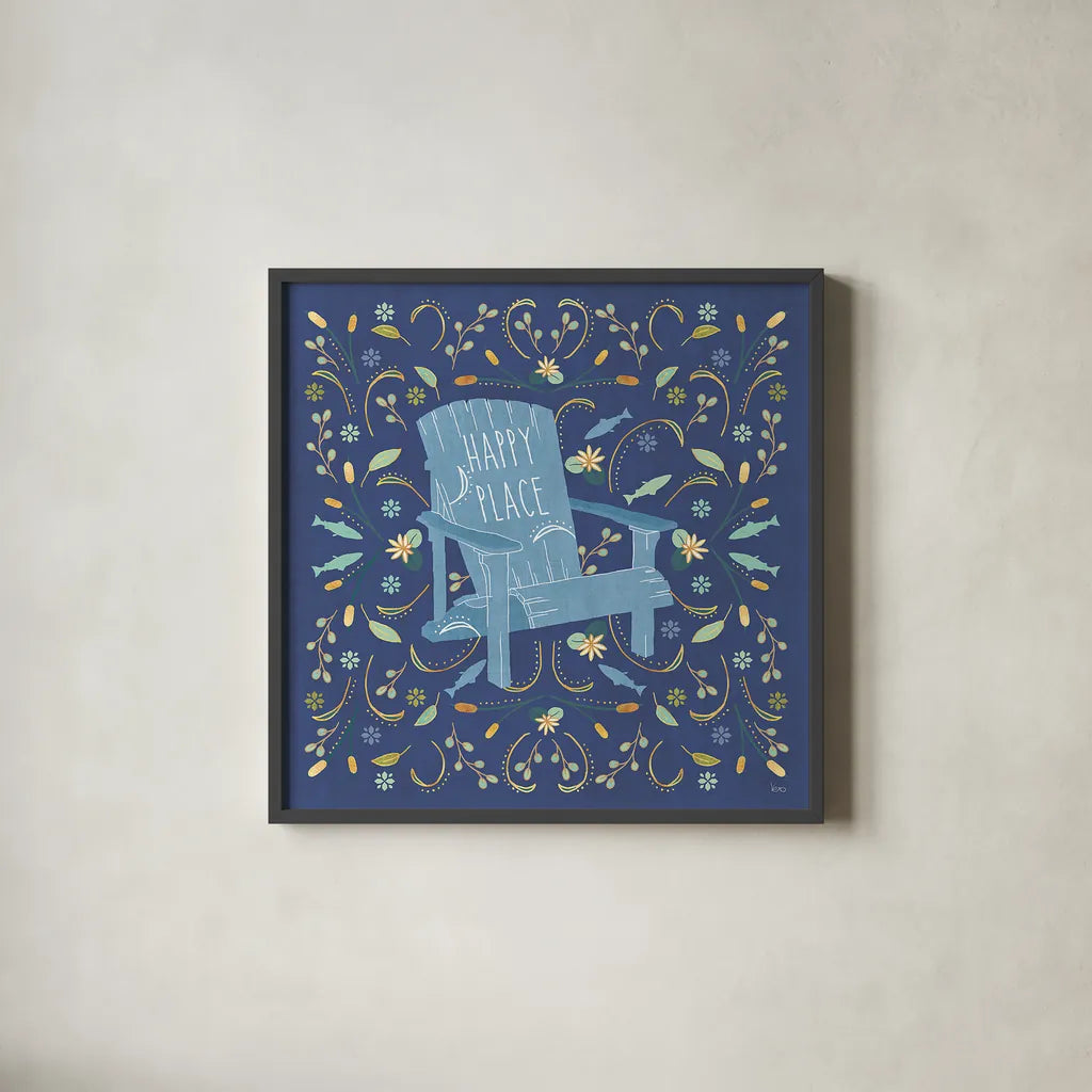 Otomi Lake IV Dark by Veronique Charron. Shown in a sleek black glass frame for a contemporary gallery look. Available as an archival giclee rolled canvas, fine art paper, or poster print. SKU 46451a.