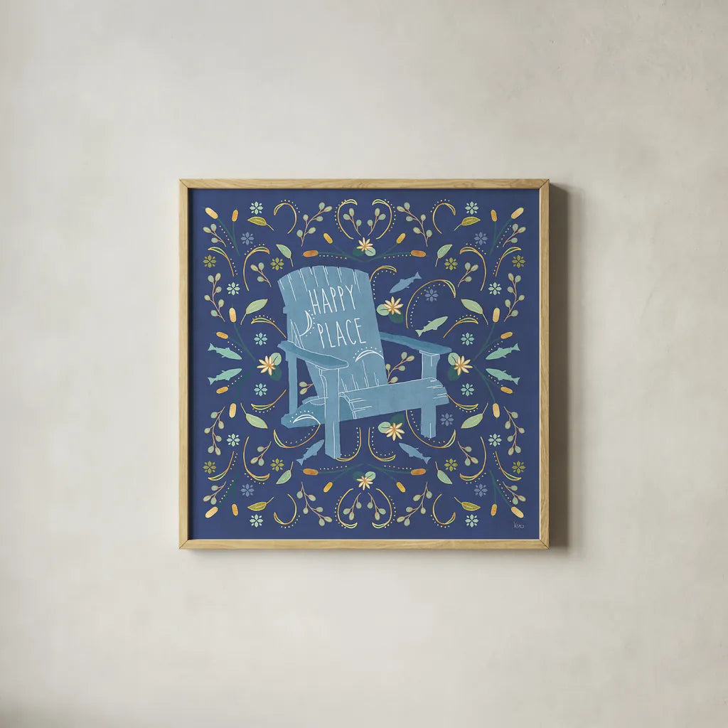 Otomi Lake IV Dark by Veronique Charron. Shown in a natural wood glass frame for a timeless modern aesthetic. Available as an archival giclee rolled canvas, fine art paper, or poster print. SKU 46451a.