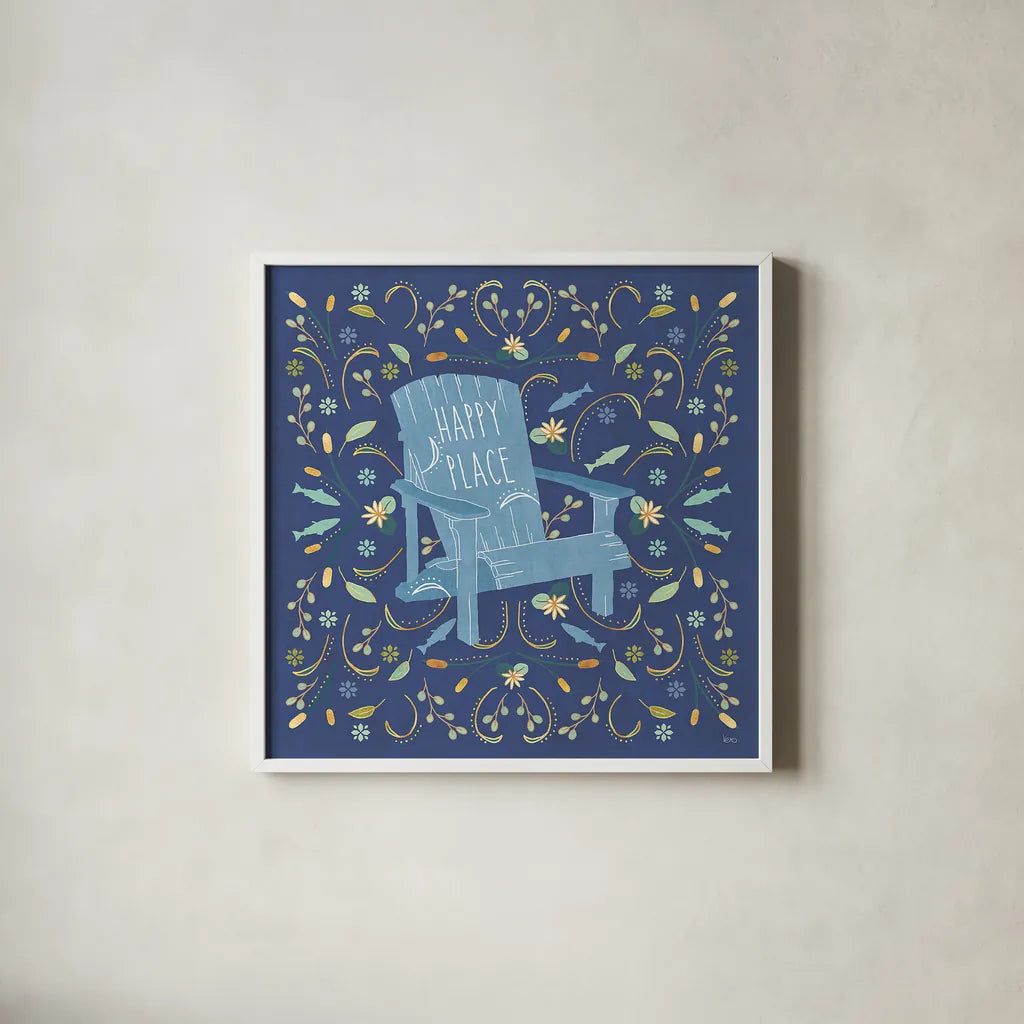 Otomi Lake IV Dark by Veronique Charron. Shown in a crisp white glass frame for a clean and minimalist style. Available as an archival giclee rolled canvas, fine art paper, or poster print. SKU 46451a.