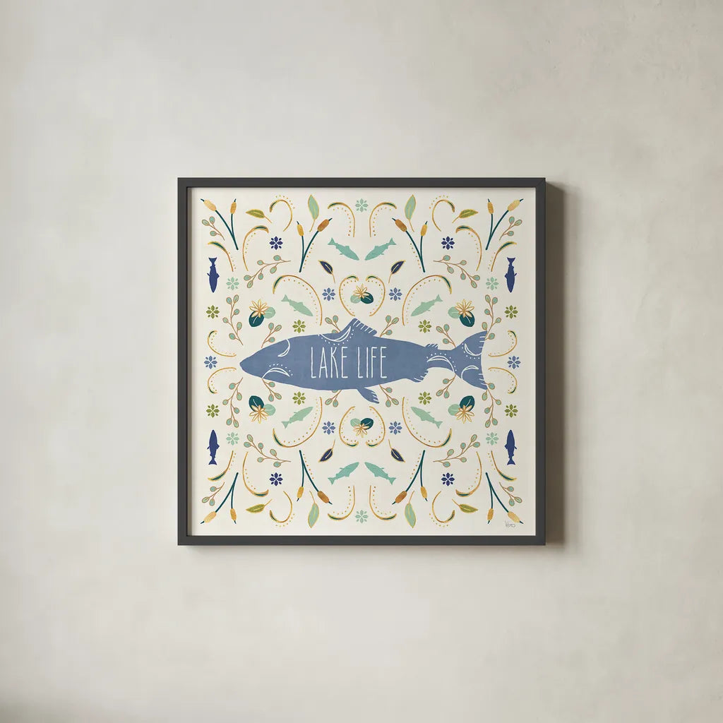 Otomi Lake V by Veronique Charron. Shown in a sleek black glass frame for a contemporary gallery look. Available as an archival giclee rolled canvas, fine art paper, or poster print. SKU 46441a.