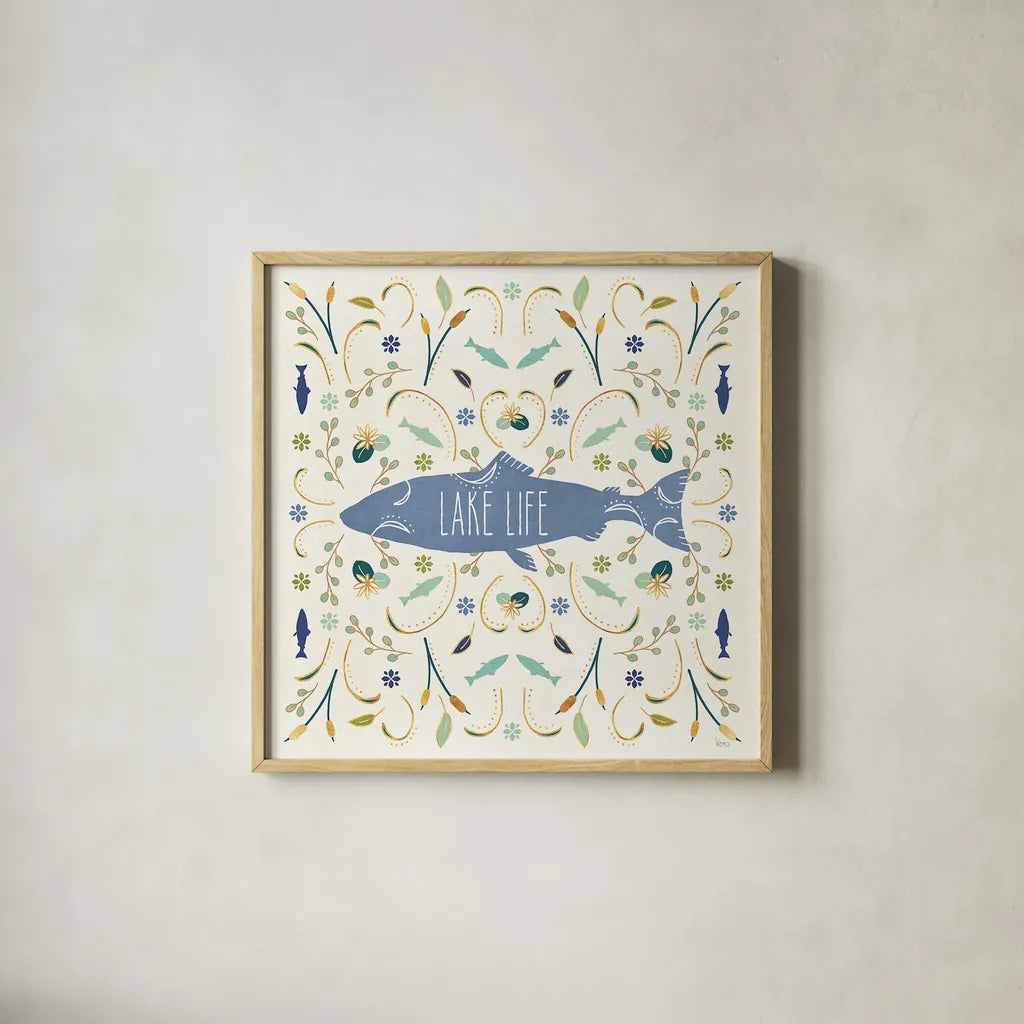 Otomi Lake V by Veronique Charron. Shown in a natural wood glass frame for a timeless modern aesthetic. Available as an archival giclee rolled canvas, fine art paper, or poster print. SKU 46441a.