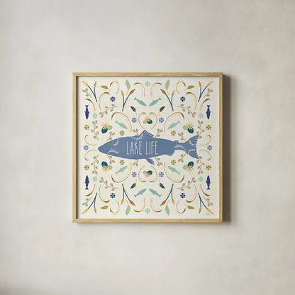 Otomi Lake V by Veronique Charron. Shown in a natural wood glass frame for a timeless modern aesthetic. Available as an archival giclee rolled canvas, fine art paper, or poster print. SKU 46441a.