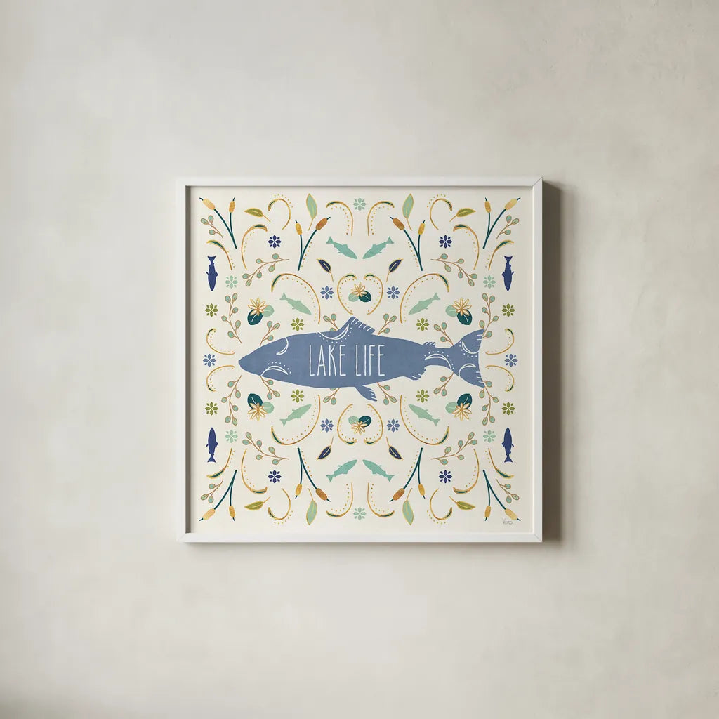 Otomi Lake V by Veronique Charron. Shown in a crisp white glass frame for a clean and minimalist style. Available as an archival giclee rolled canvas, fine art paper, or poster print. SKU 46441a.