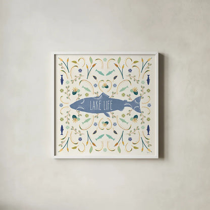 Otomi Lake V by Veronique Charron. Shown in a crisp white glass frame for a clean and minimalist style. Available as an archival giclee rolled canvas, fine art paper, or poster print. SKU 46441a.