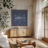 Otomi Lake V Dark by Veronique Charron. Shown in a natural wood frame in a cozy modern living room. Available as an archival giclee rolled canvas, fine art paper, or poster print. SKU 46452a.