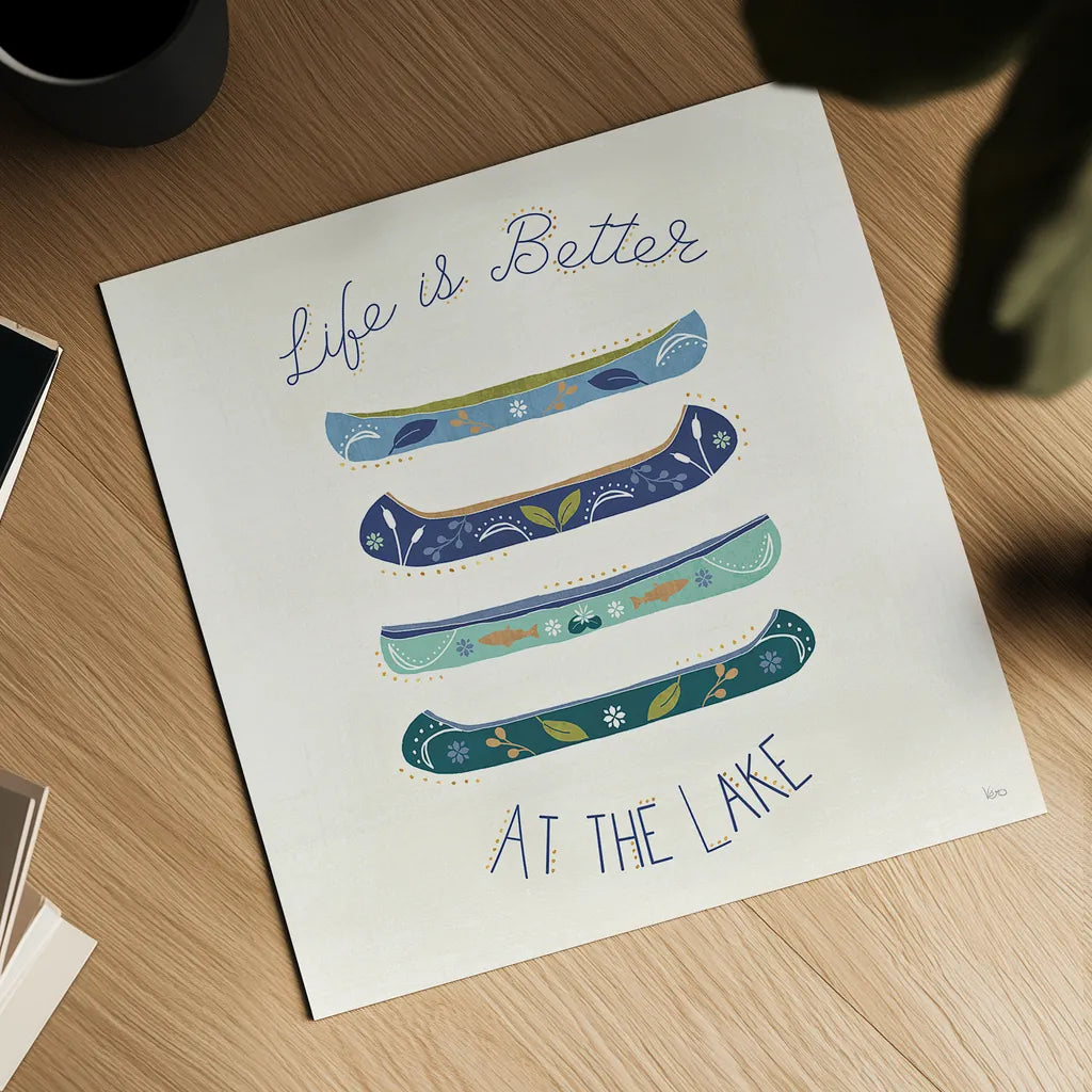 Otomi Lake VI Canoes by Veronique Charron. Shown as a detailed flat fine art print, highlighting archival giclee quality. Available as an archival giclee rolled canvas, fine art paper, or poster print. SKU 48353a.