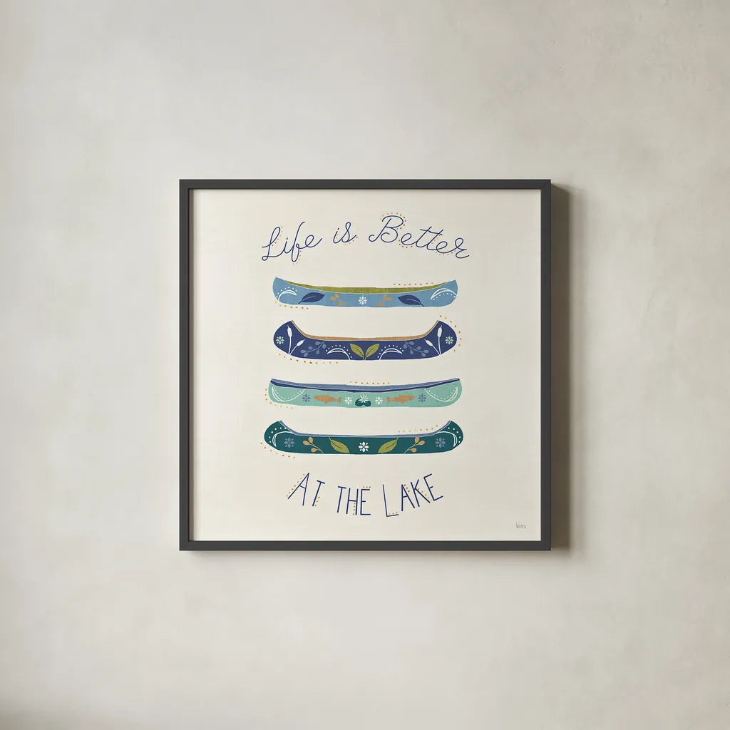 Otomi Lake VI Canoes by Veronique Charron. Shown in a sleek black glass frame for a contemporary gallery look. Available as an archival giclee rolled canvas, fine art paper, or poster print. SKU 48353a.