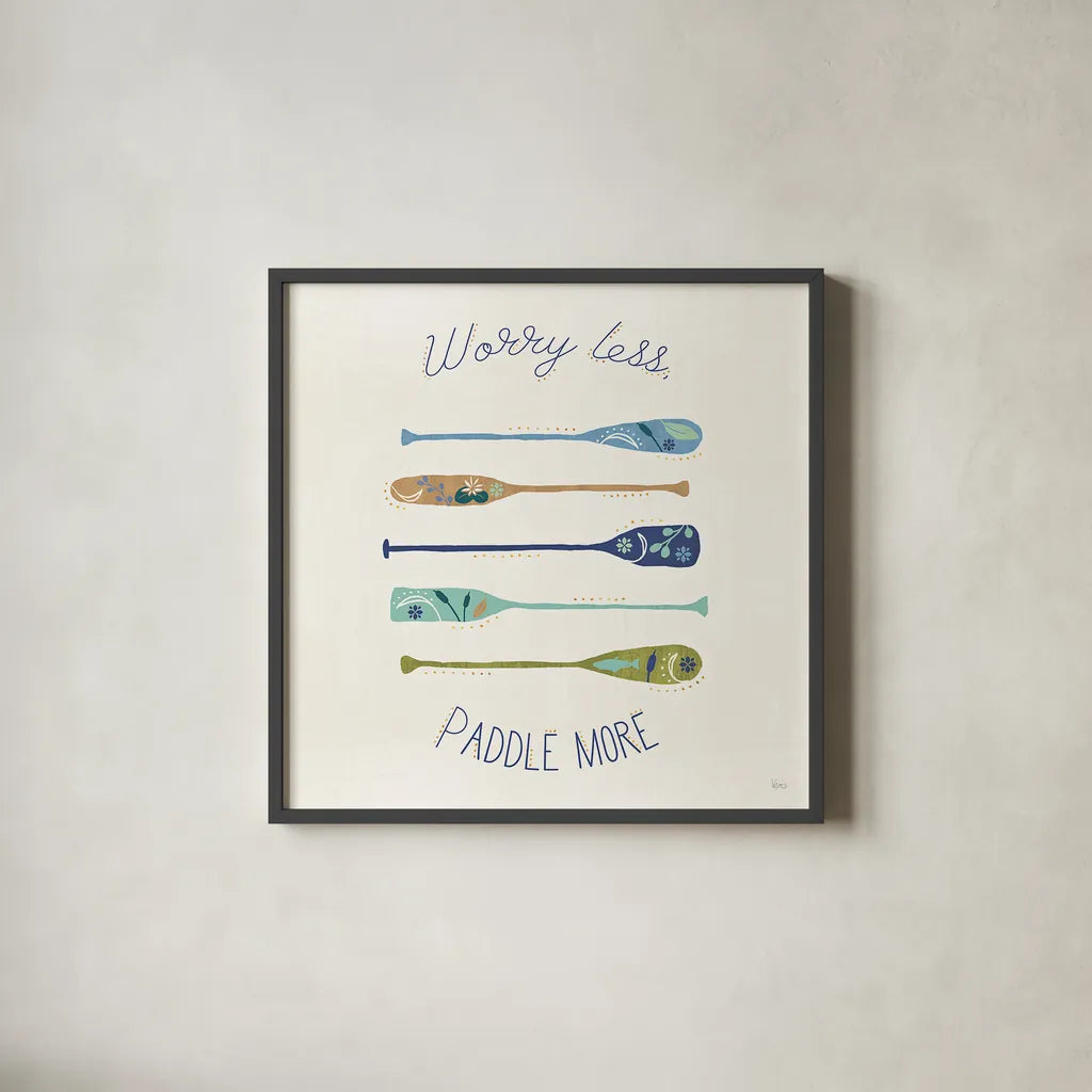 Otomi Lake VII Paddles by Veronique Charron. Shown in a sleek black glass frame for a contemporary gallery look. Available as an archival giclee rolled canvas, fine art paper, or poster print. SKU 48354a.