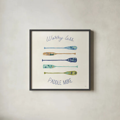 Otomi Lake VII Paddles by Veronique Charron. Shown in a sleek black glass frame for a contemporary gallery look. Available as an archival giclee rolled canvas, fine art paper, or poster print. SKU 48354a.