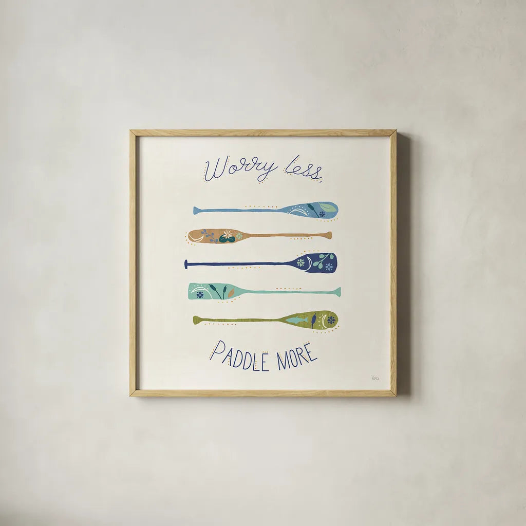 Otomi Lake VII Paddles by Veronique Charron. Shown in a natural wood glass frame for a timeless modern aesthetic. Available as an archival giclee rolled canvas, fine art paper, or poster print. SKU 48354a.