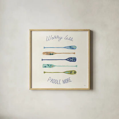 Otomi Lake VII Paddles by Veronique Charron. Shown in a natural wood glass frame for a timeless modern aesthetic. Available as an archival giclee rolled canvas, fine art paper, or poster print. SKU 48354a.