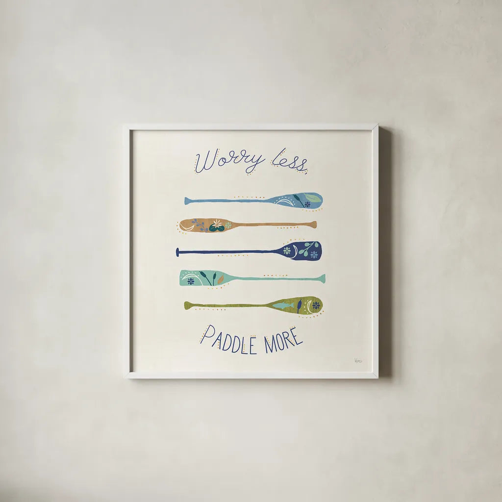 Otomi Lake VII Paddles by Veronique Charron. Shown in a crisp white glass frame for a clean and minimalist style. Available as an archival giclee rolled canvas, fine art paper, or poster print. SKU 48354a.