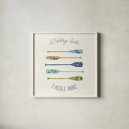 Otomi Lake VII Paddles by Veronique Charron. Shown in a crisp white glass frame for a clean and minimalist style. Available as an archival giclee rolled canvas, fine art paper, or poster print. SKU 48354a.