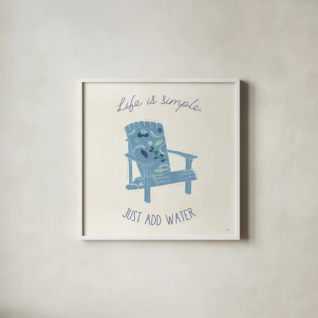 Otomi Lake VIII by Veronique Charron. Shown in a crisp white glass frame for a clean and minimalist style. Available as an archival giclee rolled canvas, fine art paper, or poster print. SKU 46444a.