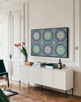 Otomi Lake X by Veronique Charron. shown as a framed stretched canvas in a living room above a console. Available as a archival giclee rolled canvas, fine art paper, or poster print. SKU 46446i.