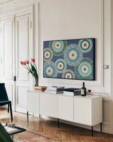 Otomi Lake XI by Veronique Charron. shown as a framed stretched canvas in a living room above a console. Available as a archival giclee rolled canvas, fine art paper, or poster print. SKU 46447i.