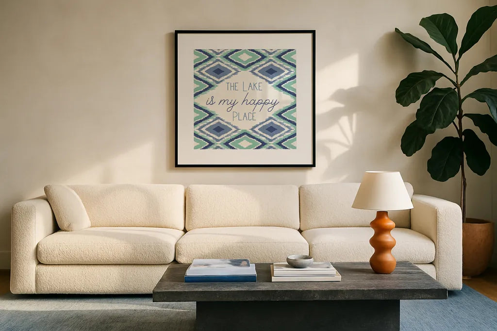 Otomi Lake XII by Veronique Charron. Displayed in a glass frame with matte in a clean modern living room. Available as an archival giclee rolled canvas, fine art paper, or poster print. SKU 48356a.