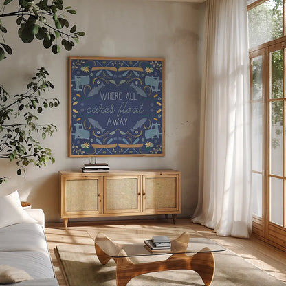 Otomi Lake XIII by Veronique Charron. Shown in a natural wood frame in a cozy modern living room. Available as an archival giclee rolled canvas, fine art paper, or poster print. SKU 48357a.