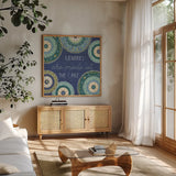 Otomi Lake XV by Veronique Charron. Shown in a natural wood frame in a cozy modern living room. Available as an archival giclee rolled canvas, fine art paper, or poster print. SKU 48359a.