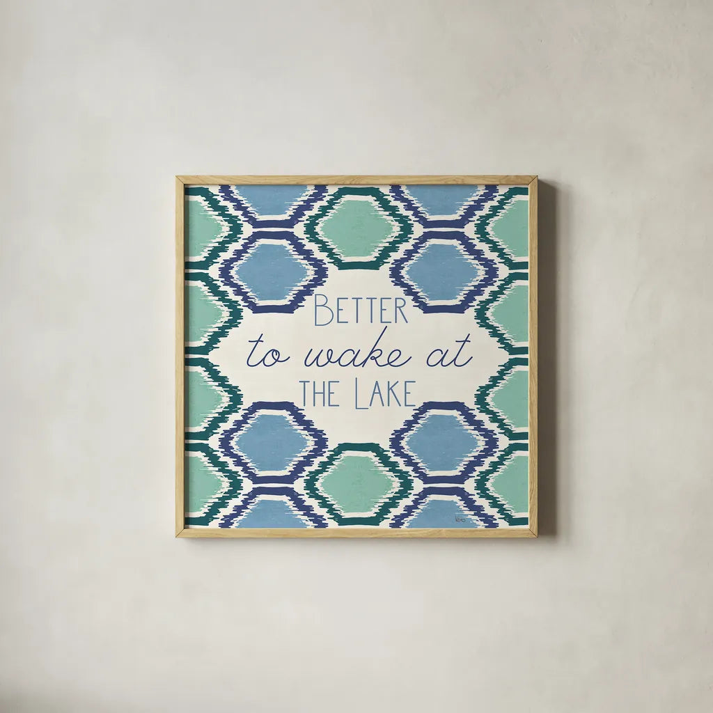 Otomi Lake XVI by Veronique Charron. Shown in a natural wood glass frame for a timeless modern aesthetic. Available as an archival giclee rolled canvas, fine art paper, or poster print. SKU 48360a.