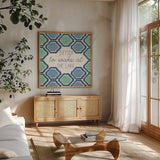 Otomi Lake XVI by Veronique Charron. Shown in a natural wood frame in a cozy modern living room. Available as an archival giclee rolled canvas, fine art paper, or poster print. SKU 48360a.