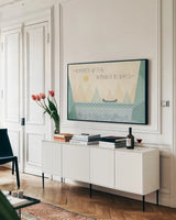 Outdoor Geo I by Veronique Charron. shown as a framed stretched canvas in a living room above a console. Available as a archival giclee rolled canvas, fine art paper, or poster print. SKU 36760i.