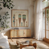 Outdoor Geo VII by Veronique Charron. Shown in a natural wood frame in a cozy modern living room. Available as an archival giclee rolled canvas, fine art paper, or poster print. SKU 36766a.