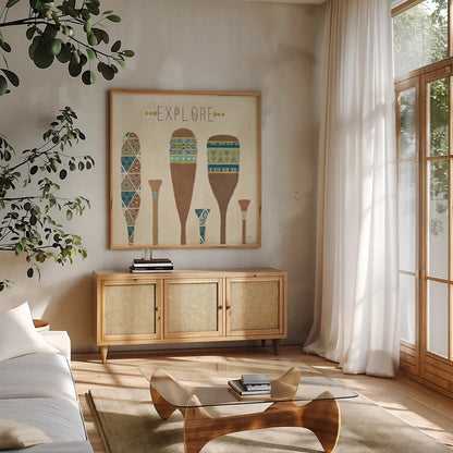 Outdoor Geo VII by Veronique Charron. Shown in a natural wood frame in a cozy modern living room. Available as an archival giclee rolled canvas, fine art paper, or poster print. SKU 36766a.