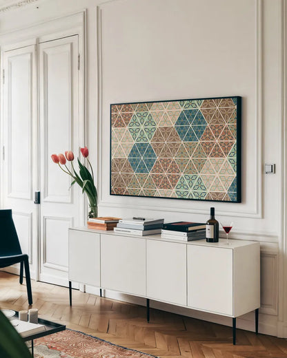 Outdoor Geo XI by Veronique Charron. shown as a framed stretched canvas in a living room above a console. Available as a archival giclee rolled canvas, fine art paper, or poster print. SKU 36770i.