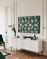 Outdoor Geo XII by Veronique Charron. shown as a framed stretched canvas in a living room above a console. Available as a archival giclee rolled canvas, fine art paper, or poster print. SKU 36771i.