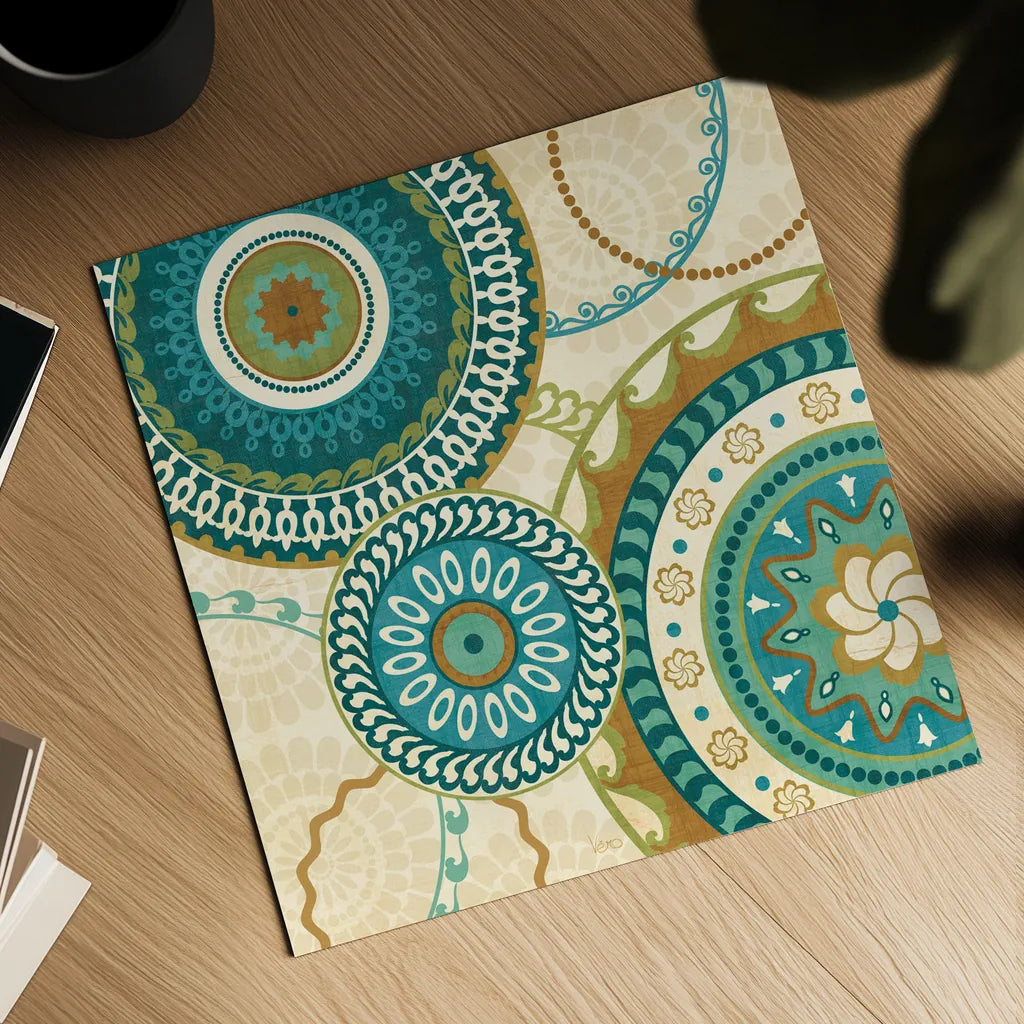 Owl Forest Suzani I by Veronique Charron. Shown as a detailed flat fine art print, highlighting archival giclee quality. Available as an archival giclee rolled canvas, fine art paper, or poster print. SKU 9069a.