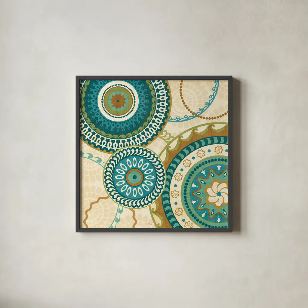 Owl Forest Suzani I by Veronique Charron. Shown in a sleek black glass frame for a contemporary gallery look. Available as an archival giclee rolled canvas, fine art paper, or poster print. SKU 9069a.