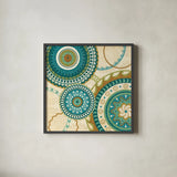 Owl Forest Suzani I by Veronique Charron. Shown in a sleek black glass frame for a contemporary gallery look. Available as an archival giclee rolled canvas, fine art paper, or poster print. SKU 9069a.