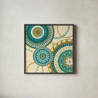 Owl Forest Suzani I by Veronique Charron. Shown in a sleek black glass frame for a contemporary gallery look. Available as an archival giclee rolled canvas, fine art paper, or poster print. SKU 9069a.