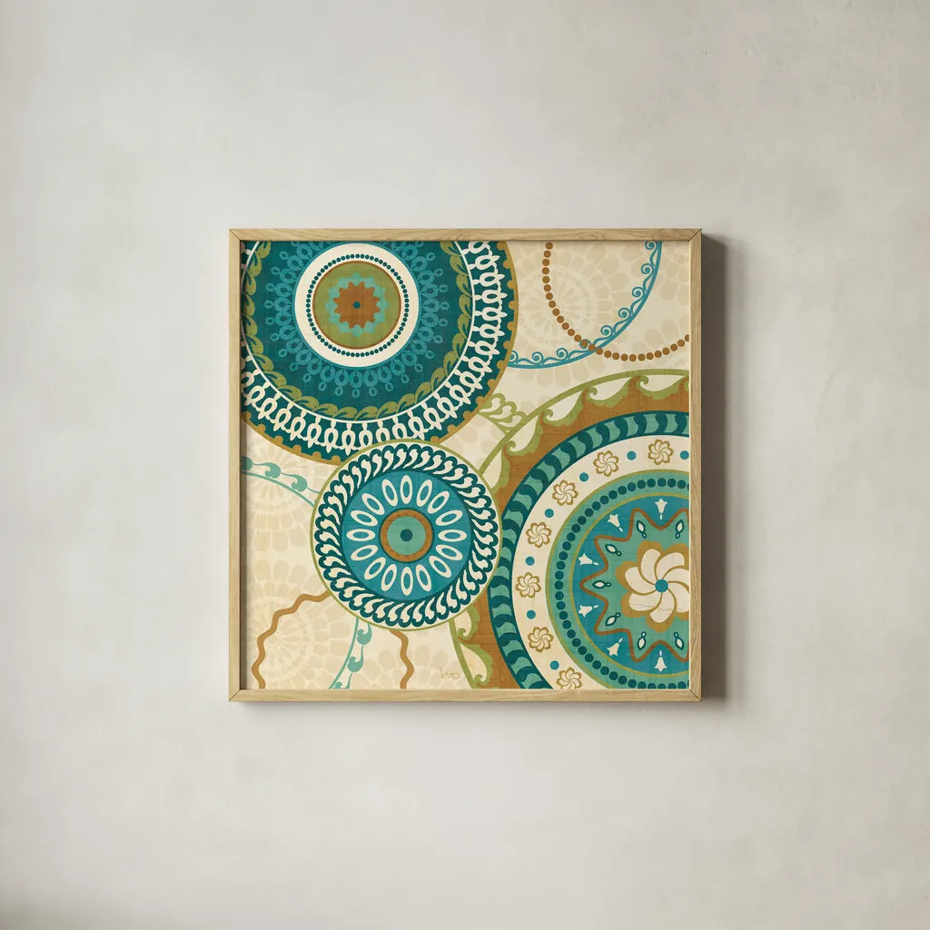 Owl Forest Suzani I by Veronique Charron. Shown in a natural wood glass frame for a timeless modern aesthetic. Available as an archival giclee rolled canvas, fine art paper, or poster print. SKU 9069a.