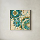Owl Forest Suzani I by Veronique Charron. Shown in a natural wood glass frame for a timeless modern aesthetic. Available as an archival giclee rolled canvas, fine art paper, or poster print. SKU 9069a.