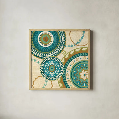 Owl Forest Suzani I by Veronique Charron. Shown in a natural wood glass frame for a timeless modern aesthetic. Available as an archival giclee rolled canvas, fine art paper, or poster print. SKU 9069a.