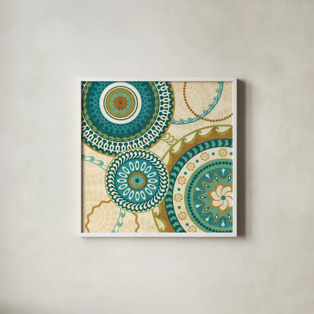 Owl Forest Suzani I by Veronique Charron. Shown in a crisp white glass frame for a clean and minimalist style. Available as an archival giclee rolled canvas, fine art paper, or poster print. SKU 9069a.