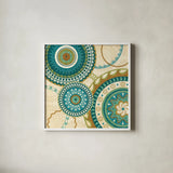Owl Forest Suzani I by Veronique Charron. Shown in a crisp white glass frame for a clean and minimalist style. Available as an archival giclee rolled canvas, fine art paper, or poster print. SKU 9069a.