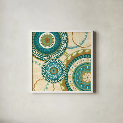 Owl Forest Suzani I by Veronique Charron. Shown in a crisp white glass frame for a clean and minimalist style. Available as an archival giclee rolled canvas, fine art paper, or poster print. SKU 9069a.