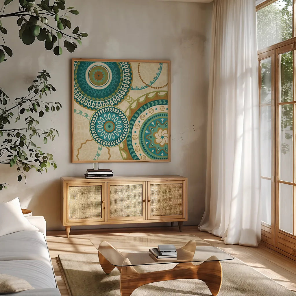 Owl Forest Suzani I by Veronique Charron. Shown in a natural wood frame in a cozy modern living room. Available as an archival giclee rolled canvas, fine art paper, or poster print. SKU 9069a.