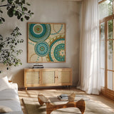 Owl Forest Suzani I by Veronique Charron. Shown in a natural wood frame in a cozy modern living room. Available as an archival giclee rolled canvas, fine art paper, or poster print. SKU 9069a.
