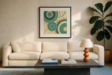 Owl Forest Suzani I by Veronique Charron. Displayed in a glass frame with matte in a clean modern living room. Available as an archival giclee rolled canvas, fine art paper, or poster print. SKU 9069a.